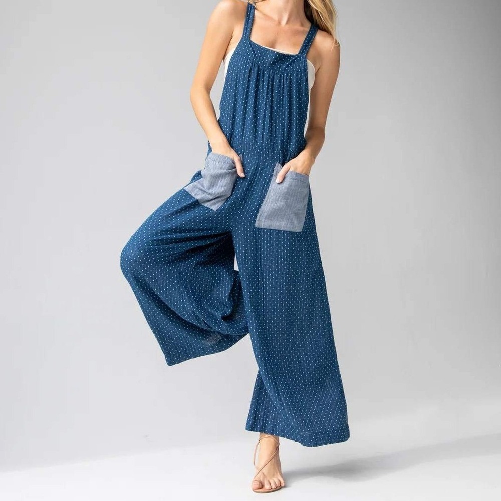 Natural Life Dakota Tie Overall Navy Polka Dot Wide Leg Jumpsuit Womens XXL
